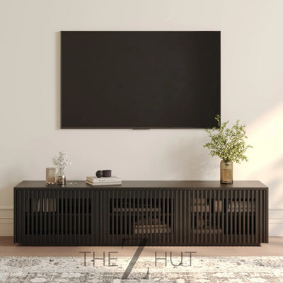 POVISON Mid Century Modern Wood Slatted TV Stand with LED Lights, Media Console for 85+ Inch TV, Entertainment Center with Storage Cabinet for Living Room, Fully-Assembled (Dark Wood, 118.11") THE Z HUT