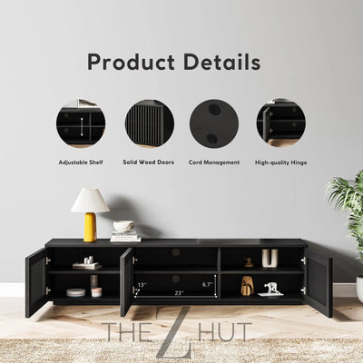 POVISON Mid Century Modern Wood Slatted TV Stand with LED Lights, Media Console for 85+ Inch TV, Entertainment Center with Storage Cabinet for Living Room, Fully-Assembled (Dark Wood, 118.11") THE Z HUT
