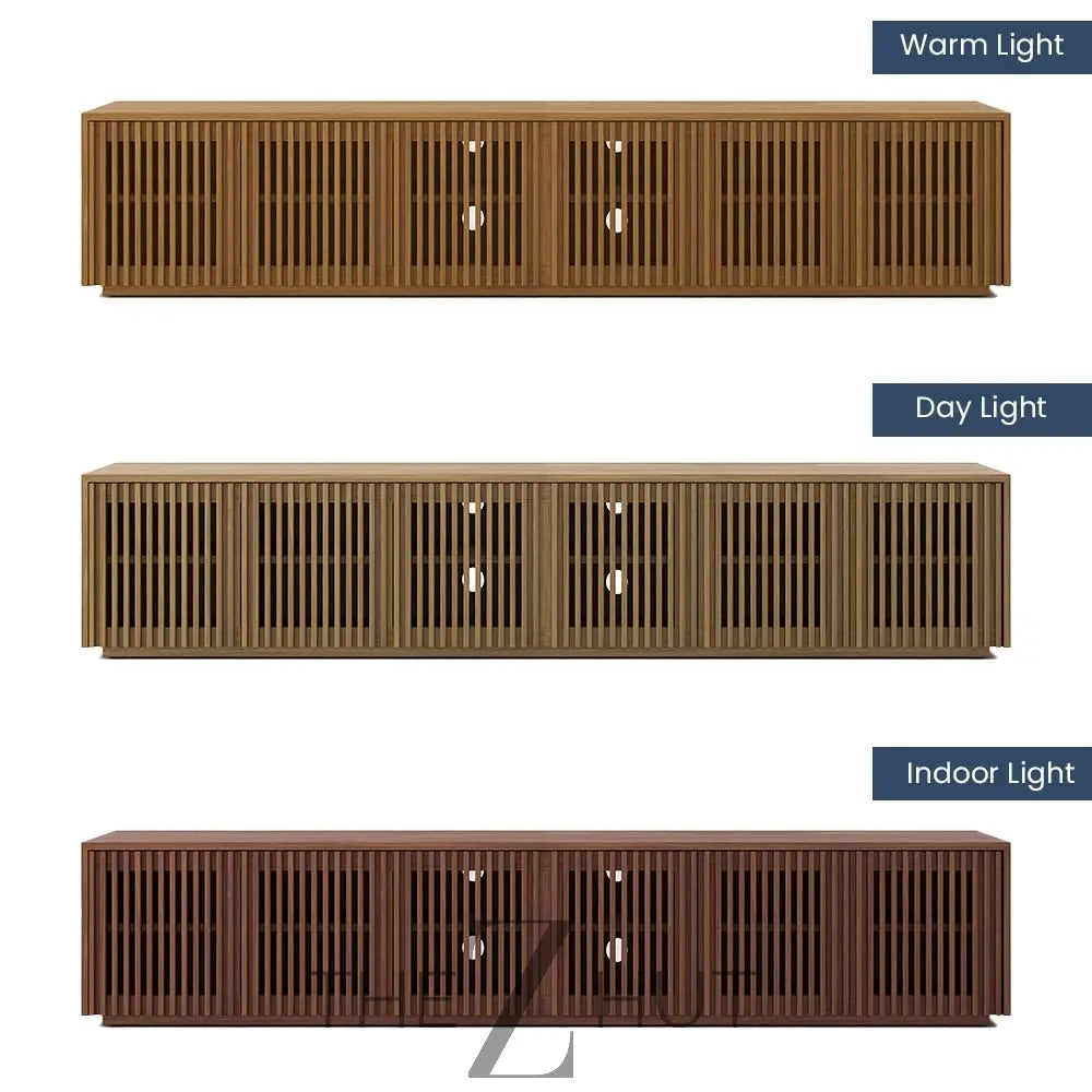 POVISON Mid Century Modern Wood Slatted TV Stand with LED Lights, Media Console for 85+ Inch TV, Entertainment Center with Storage Cabinet for Living Room, Fully-Assembled (Dark Wood, 118.11") THE Z HUT