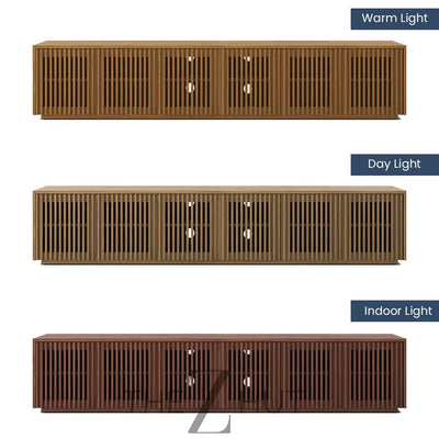 POVISON Mid Century Modern Wood Slatted TV Stand with LED Lights, Media Console for 85+ Inch TV, Entertainment Center with Storage Cabinet for Living Room, Fully-Assembled (Dark Wood, 118.11") THE Z HUT