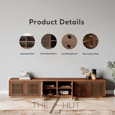 POVISON Mid Century Modern Wood Slatted TV Stand with LED Lights, Media Console for 85+ Inch TV, Entertainment Center with Storage Cabinet for Living Room, Fully-Assembled (Dark Wood, 118.11") THE Z HUT