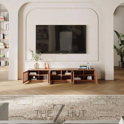 POVISON Mid Century Modern Wood Slatted TV Stand with LED Lights, Media Console for 85+ Inch TV, Entertainment Center with Storage Cabinet for Living Room, Fully-Assembled (Dark Wood, 118.11") THE Z HUT
