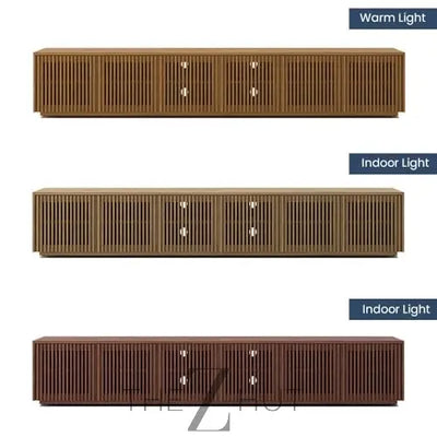 POVISON Mid Century Modern Wood Slatted TV Stand with LED Lights, Media Console for 85+ Inch TV, Entertainment Center with Storage Cabinet for Living Room, Fully-Assembled (Dark Wood, 118.11") THE Z HUT