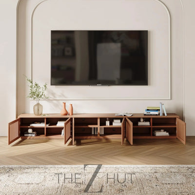 POVISON Mid Century Modern Wood Slatted TV Stand with LED Lights, Media Console for 85+ Inch TV, Entertainment Center with Storage Cabinet for Living Room, Fully-Assembled (Dark Wood, 118.11") THE Z HUT