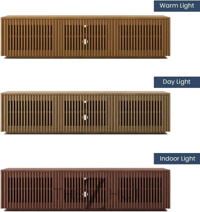 POVISON Mid Century Modern Wood Slatted TV Stand with LED Lights, Media Console for 85+ Inch TV, Entertainment Center with Storage Cabinet for Living Room, Fully-Assembled (Dark Wood, 118.11") THE Z HUT