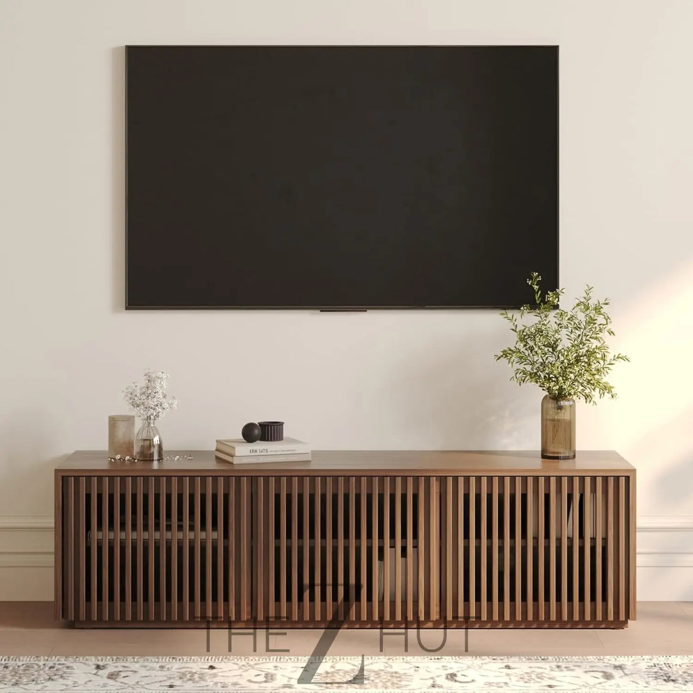 POVISON Mid Century Modern Wood Slatted TV Stand with LED Lights, Media Console for 85+ Inch TV, Entertainment Center with Storage Cabinet for Living Room, Fully-Assembled (Dark Wood, 118.11") THE Z HUT