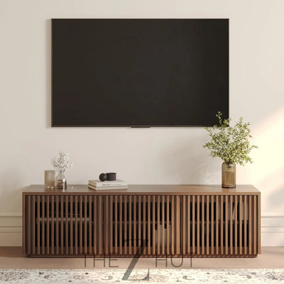 POVISON Mid Century Modern Wood Slatted TV Stand with LED Lights, Media Console for 85+ Inch TV, Entertainment Center with Storage Cabinet for Living Room, Fully-Assembled (Dark Wood, 118.11") THE Z HUT