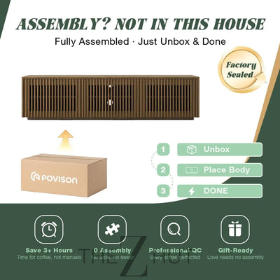 POVISON Mid Century Modern Wood Slatted TV Stand with LED Lights, Media Console for 85+ Inch TV, Entertainment Center with Storage Cabinet for Living Room, Fully-Assembled (Dark Wood, 118.11") THE Z HUT