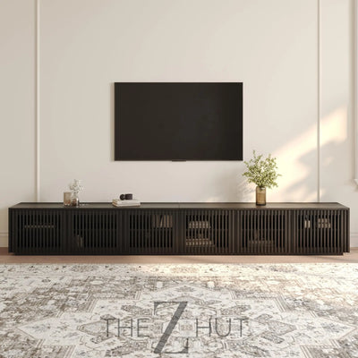 POVISON Mid Century Modern Wood Slatted TV Stand with LED Lights, Media Console for 85+ Inch TV, Entertainment Center with Storage Cabinet for Living Room, Fully-Assembled (Dark Wood, 118.11") THE Z HUT