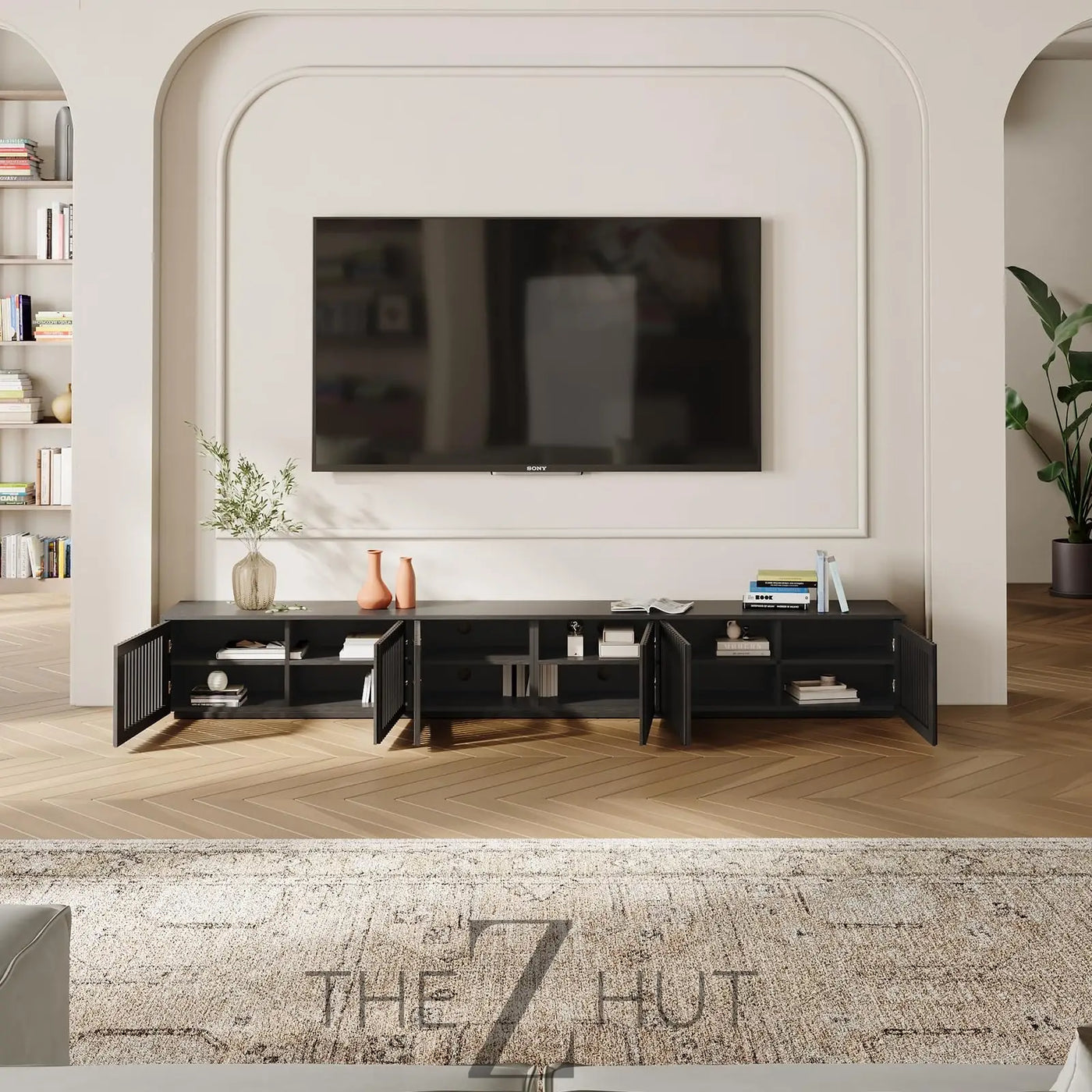 POVISON Mid Century Modern Wood Slatted TV Stand with LED Lights, Media Console for 85+ Inch TV, Entertainment Center with Storage Cabinet for Living Room, Fully-Assembled (Dark Wood, 118.11") THE Z HUT