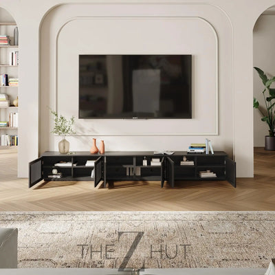 POVISON Mid Century Modern Wood Slatted TV Stand with LED Lights, Media Console for 85+ Inch TV, Entertainment Center with Storage Cabinet for Living Room, Fully-Assembled (Dark Wood, 118.11") THE Z HUT