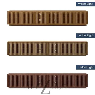POVISON Mid Century Modern Wood Slatted TV Stand with LED Lights, Media Console for 85+ Inch TV, Entertainment Center with Storage Cabinet for Living Room, Fully-Assembled (Dark Wood, 118.11") THE Z HUT