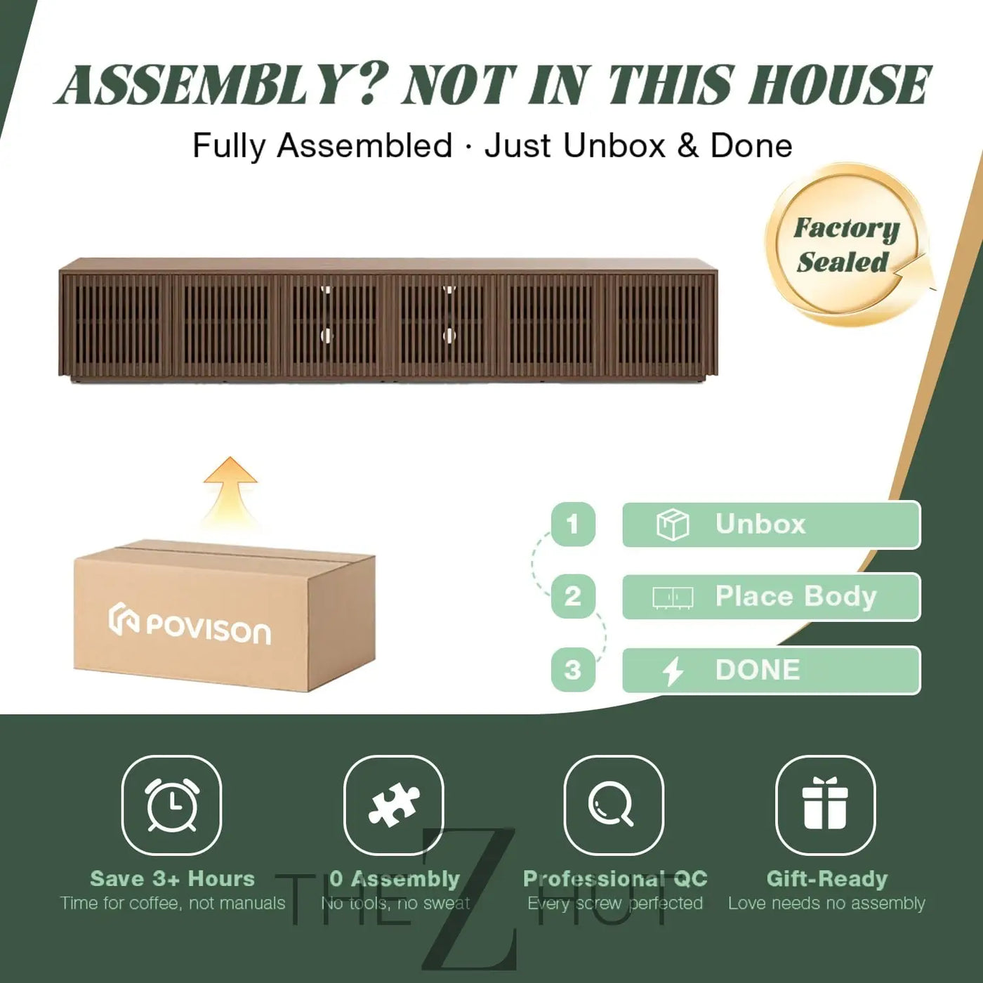 POVISON Mid Century Modern Wood Slatted TV Stand with LED Lights, Media Console for 85+ Inch TV, Entertainment Center with Storage Cabinet for Living Room, Fully-Assembled (Dark Wood, 118.11") THE Z HUT