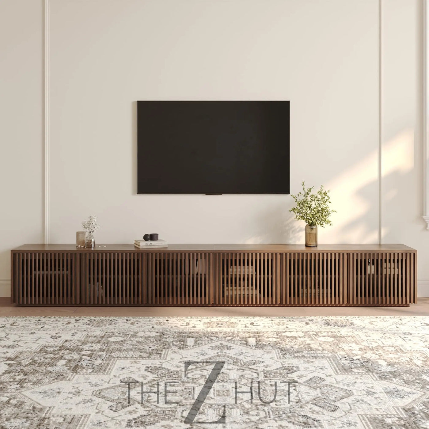 POVISON Mid Century Modern Wood Slatted TV Stand with LED Lights, Media Console for 85+ Inch TV, Entertainment Center with Storage Cabinet for Living Room, Fully-Assembled (Dark Wood, 118.11") THE Z HUT