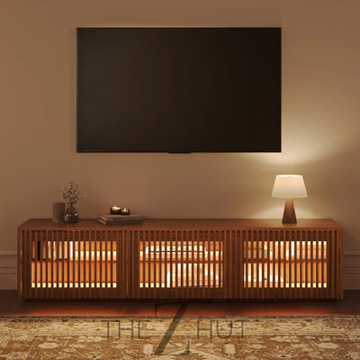 POVISON Mid Century Modern Wood Slatted TV Stand with LED Lights, Media Console for 85+ Inch TV, Entertainment Center with Storage Cabinet for Living Room, Fully-Assembled (Dark Wood, 118.11") THE Z HUT