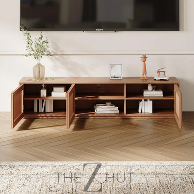 POVISON Mid Century Modern Wood Slatted TV Stand with LED Lights, Media Console for 85+ Inch TV, Entertainment Center with Storage Cabinet for Living Room, Fully-Assembled (Dark Wood, 118.11") THE Z HUT