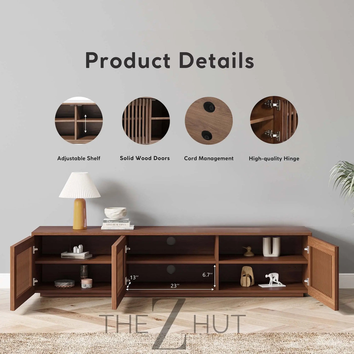 POVISON Mid Century Modern Wood Slatted TV Stand with LED Lights, Media Console for 85+ Inch TV, Entertainment Center with Storage Cabinet for Living Room, Fully-Assembled (Dark Wood, 118.11") THE Z HUT