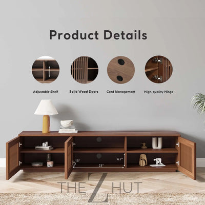 POVISON Mid Century Modern Wood Slatted TV Stand with LED Lights, Media Console for 85+ Inch TV, Entertainment Center with Storage Cabinet for Living Room, Fully-Assembled (Dark Wood, 118.11") THE Z HUT