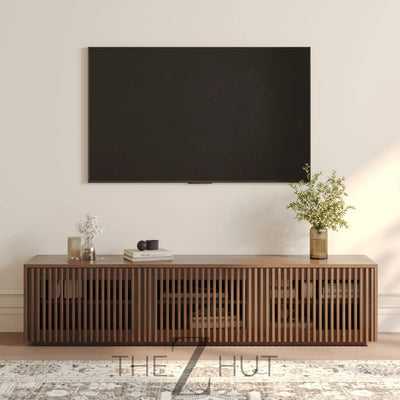 POVISON Mid Century Modern Wood Slatted TV Stand with LED Lights, Media Console for 85+ Inch TV, Entertainment Center with Storage Cabinet for Living Room, Fully-Assembled (Dark Wood, 118.11") THE Z HUT