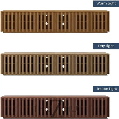 POVISON Mid Century Modern Wood Slatted TV Stand with LED Lights, Media Console for 85+ Inch TV, Entertainment Center with Storage Cabinet for Living Room, Fully-Assembled (Dark Wood, 118.11") THE Z HUT