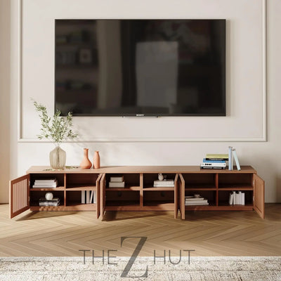 POVISON Mid Century Modern Wood Slatted TV Stand with LED Lights, Media Console for 85+ Inch TV, Entertainment Center with Storage Cabinet for Living Room, Fully-Assembled (Dark Wood, 118.11") THE Z HUT