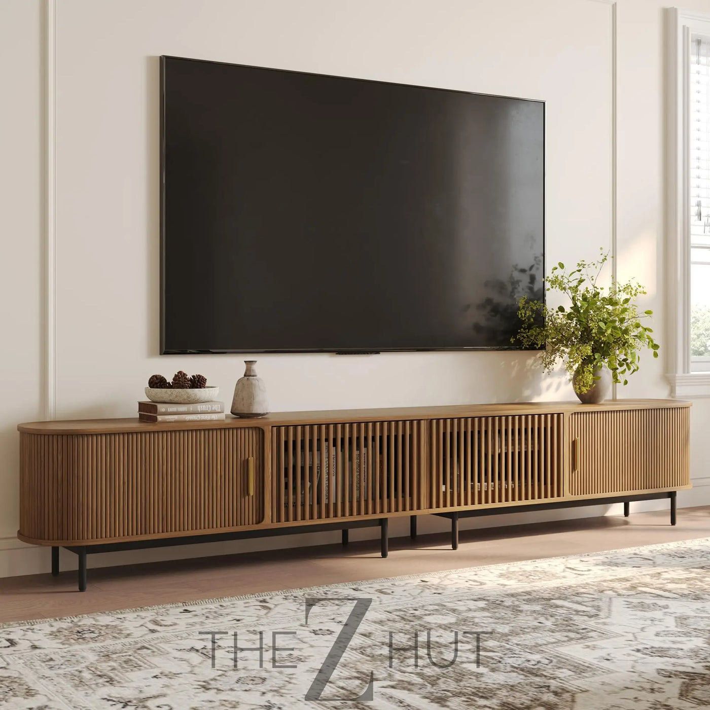 POVISON Sliding Tambour Door TV Stand with LED Lights, Mid Century Modern TV Console, Wood Media Console, Entertainment Center with Storage Cabinet, Fully-Assembled (Walnut, 118.11") THE Z HUT