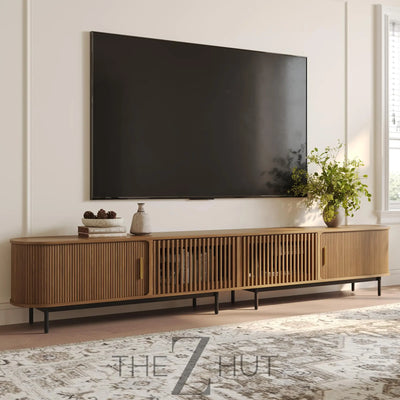 POVISON Sliding Tambour Door TV Stand with LED Lights, Mid Century Modern TV Console, Wood Media Console, Entertainment Center with Storage Cabinet, Fully-Assembled (Walnut, 118.11") THE Z HUT