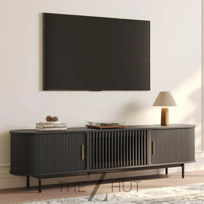 POVISON Sliding Tambour Door TV Stand with LED Lights, Mid Century Modern TV Console, Wood Media Console, Entertainment Center with Storage Cabinet, Fully-Assembled (Walnut, 118.11") THE Z HUT