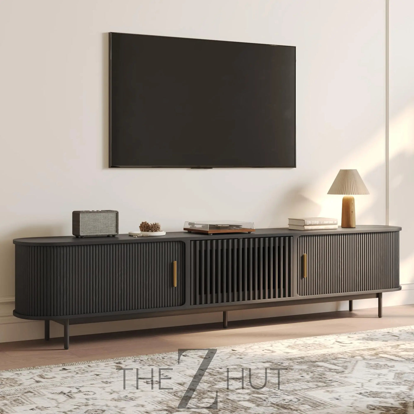 POVISON Sliding Tambour Door TV Stand with LED Lights, Mid Century Modern TV Console, Wood Media Console, Entertainment Center with Storage Cabinet, Fully-Assembled (Walnut, 118.11") THE Z HUT