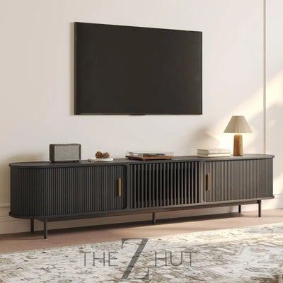 POVISON Sliding Tambour Door TV Stand with LED Lights, Mid Century Modern TV Console, Wood Media Console, Entertainment Center with Storage Cabinet, Fully-Assembled (Walnut, 118.11") THE Z HUT
