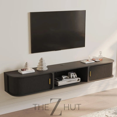 POVISON Sliding Tambour Door TV Stand with LED Lights, Mid Century Modern TV Console, Wood Media Console, Entertainment Center with Storage Cabinet, Fully-Assembled (Walnut, 118.11") THE Z HUT