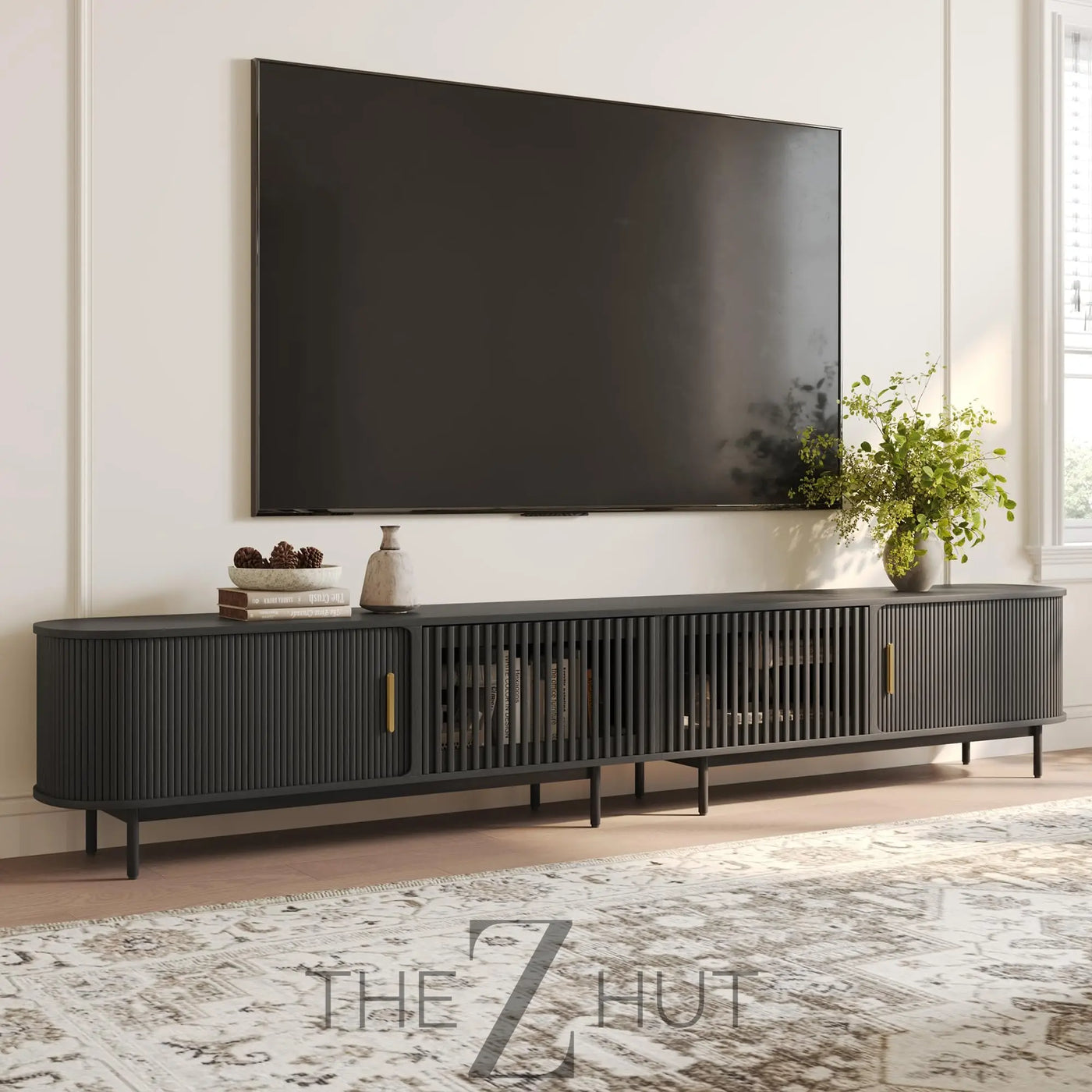 POVISON Sliding Tambour Door TV Stand with LED Lights, Mid Century Modern TV Console, Wood Media Console, Entertainment Center with Storage Cabinet, Fully-Assembled (Walnut, 118.11") THE Z HUT