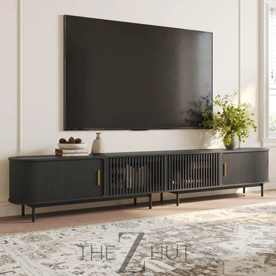 POVISON Sliding Tambour Door TV Stand with LED Lights, Mid Century Modern TV Console, Wood Media Console, Entertainment Center with Storage Cabinet, Fully-Assembled (Walnut, 118.11") THE Z HUT