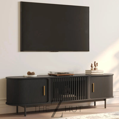 POVISON Sliding Tambour Door TV Stand with LED Lights, Mid Century Modern TV Console, Wood Media Console, Entertainment Center with Storage Cabinet, Fully-Assembled (Walnut, 118.11") THE Z HUT
