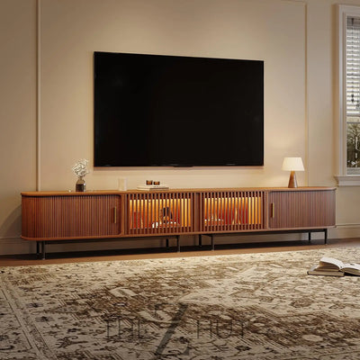 POVISON Sliding Tambour Door TV Stand with LED Lights, Mid Century Modern TV Console, Wood Media Console, Entertainment Center with Storage Cabinet, Fully-Assembled (Walnut, 118.11") THE Z HUT