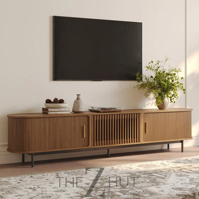 POVISON Sliding Tambour Door TV Stand with LED Lights, Mid Century Modern TV Console, Wood Media Console, Entertainment Center with Storage Cabinet, Fully-Assembled (Walnut, 118.11") THE Z HUT