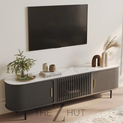 POVISON Sliding Tambour Door TV Stand with LED Lights, Mid Century Modern TV Console, Wood Media Console, Entertainment Center with Storage Cabinet, Fully-Assembled (Walnut, 118.11") THE Z HUT