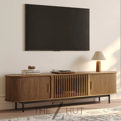 POVISON Sliding Tambour Door TV Stand with LED Lights, Mid Century Modern TV Console, Wood Media Console, Entertainment Center with Storage Cabinet, Fully-Assembled (Walnut, 118.11") THE Z HUT
