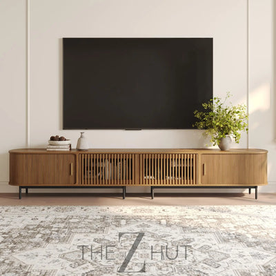 POVISON Sliding Tambour Door TV Stand with LED Lights, Mid Century Modern TV Console, Wood Media Console, Entertainment Center with Storage Cabinet, Fully-Assembled (Walnut, 118.11") THE Z HUT