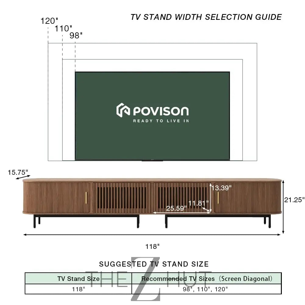 POVISON Sliding Tambour Door TV Stand with LED Lights, Mid Century Modern TV Console, Wood Media Console, Entertainment Center with Storage Cabinet, Fully-Assembled (Walnut, 118.11") THE Z HUT