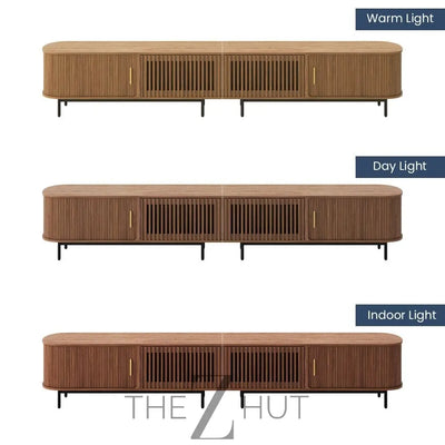 POVISON Sliding Tambour Door TV Stand with LED Lights, Mid Century Modern TV Console, Wood Media Console, Entertainment Center with Storage Cabinet, Fully-Assembled (Walnut, 118.11") THE Z HUT