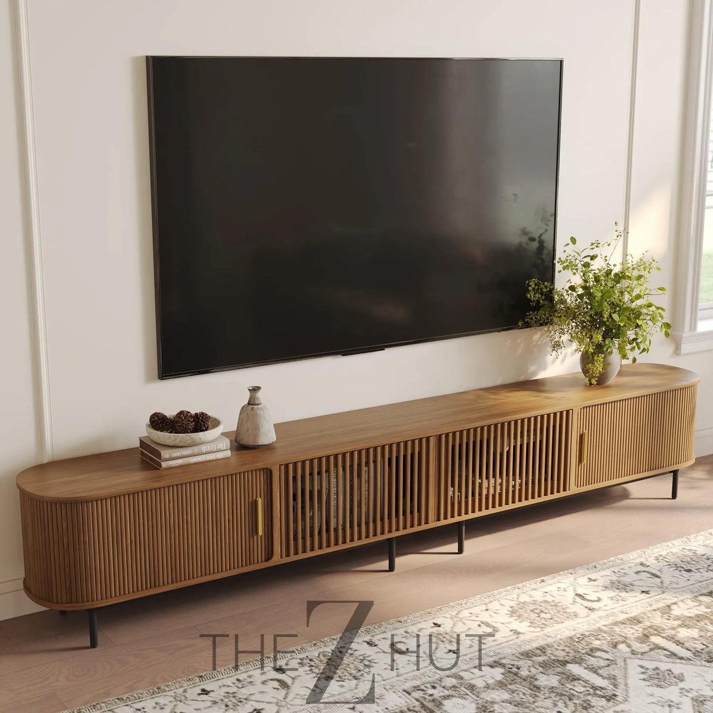 POVISON Sliding Tambour Door TV Stand with LED Lights, Mid Century Modern TV Console, Wood Media Console, Entertainment Center with Storage Cabinet, Fully-Assembled (Walnut, 118.11") THE Z HUT