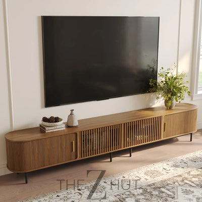 POVISON Sliding Tambour Door TV Stand with LED Lights, Mid Century Modern TV Console, Wood Media Console, Entertainment Center with Storage Cabinet, Fully-Assembled (Walnut, 118.11") THE Z HUT