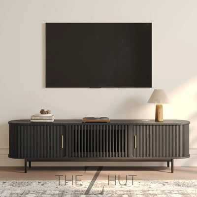 POVISON Sliding Tambour Door TV Stand with LED Lights, Mid Century Modern TV Console, Wood Media Console, Entertainment Center with Storage Cabinet, Fully-Assembled (Walnut, 118.11") THE Z HUT