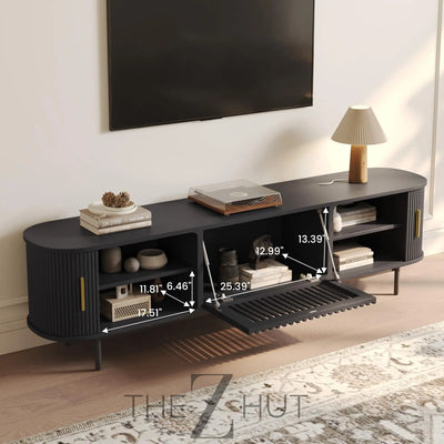POVISON Sliding Tambour Door TV Stand with LED Lights, Mid Century Modern TV Console, Wood Media Console, Entertainment Center with Storage Cabinet, Fully-Assembled (Walnut, 118.11") THE Z HUT