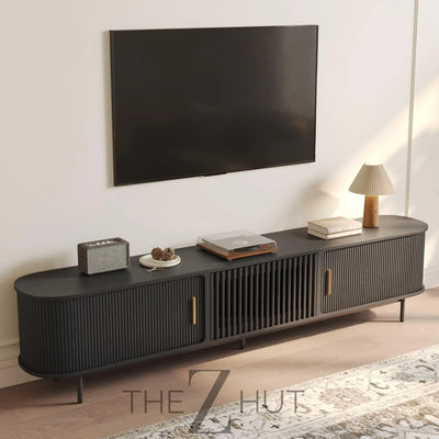POVISON Sliding Tambour Door TV Stand with LED Lights, Mid Century Modern TV Console, Wood Media Console, Entertainment Center with Storage Cabinet, Fully-Assembled (Walnut, 118.11") THE Z HUT