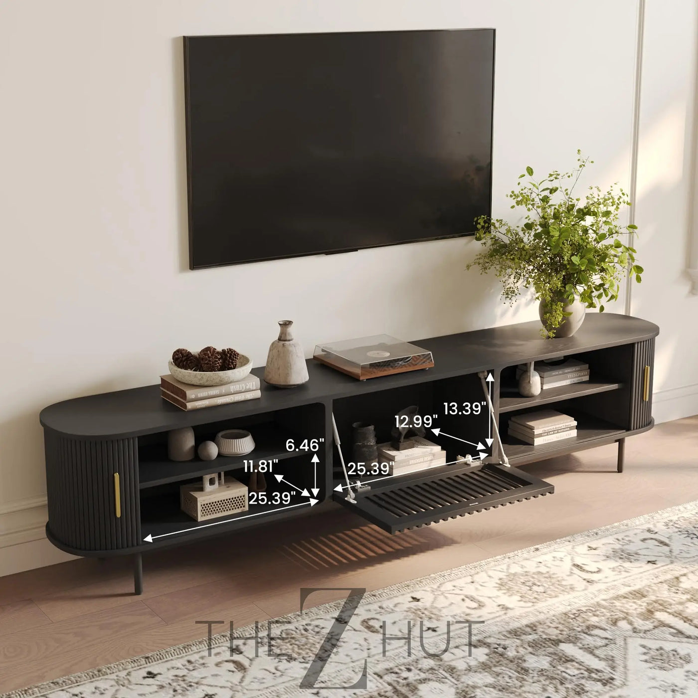 POVISON Sliding Tambour Door TV Stand with LED Lights, Mid Century Modern TV Console, Wood Media Console, Entertainment Center with Storage Cabinet, Fully-Assembled (Walnut, 118.11") THE Z HUT