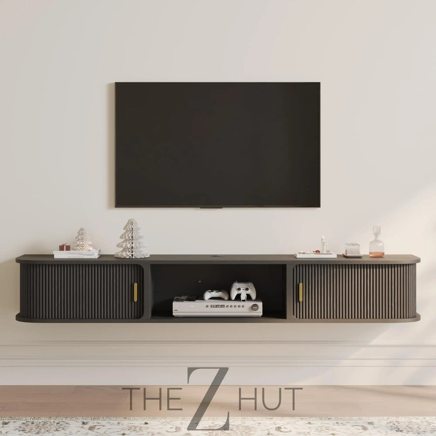 POVISON Sliding Tambour Door TV Stand with LED Lights, Mid Century Modern TV Console, Wood Media Console, Entertainment Center with Storage Cabinet, Fully-Assembled (Walnut, 118.11") THE Z HUT
