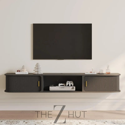POVISON Sliding Tambour Door TV Stand with LED Lights, Mid Century Modern TV Console, Wood Media Console, Entertainment Center with Storage Cabinet, Fully-Assembled (Walnut, 118.11") THE Z HUT