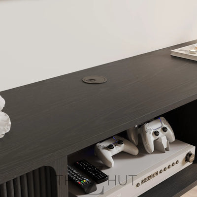 POVISON Sliding Tambour Door TV Stand with LED Lights, Mid Century Modern TV Console, Wood Media Console, Entertainment Center with Storage Cabinet, Fully-Assembled (Walnut, 118.11") THE Z HUT